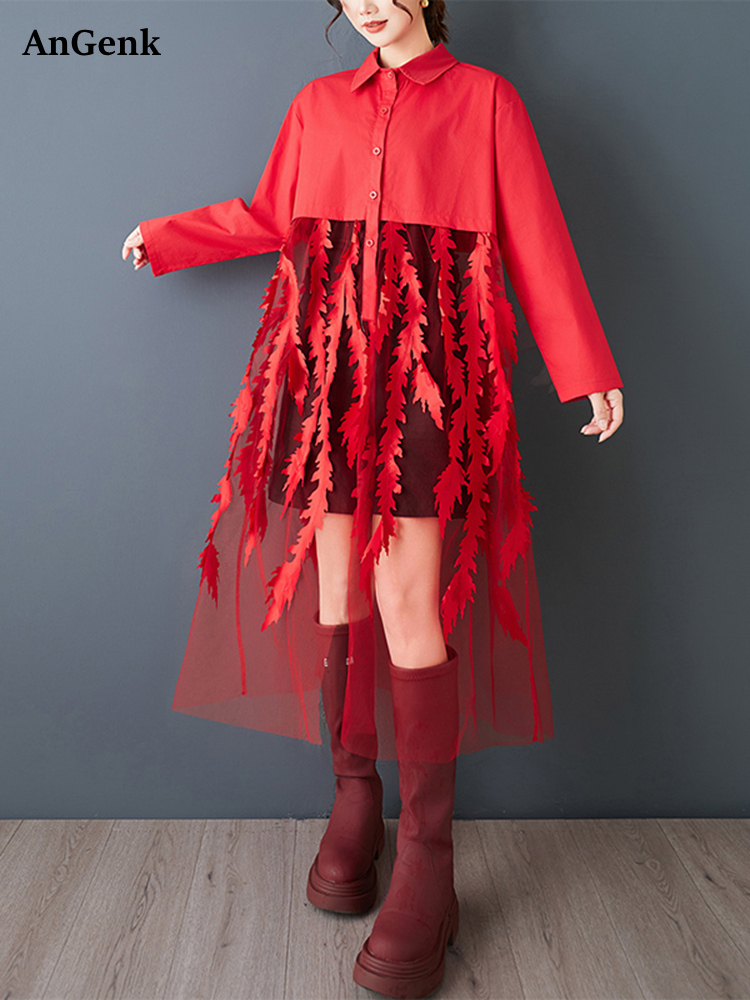 Women'S Red Formal Wear - Abiti camicia vintage rossa patchwork in