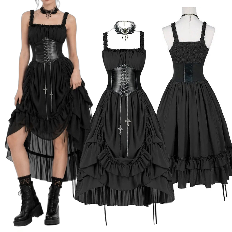 Midi Dress - Abito Gotico da Donna con Corsetto,